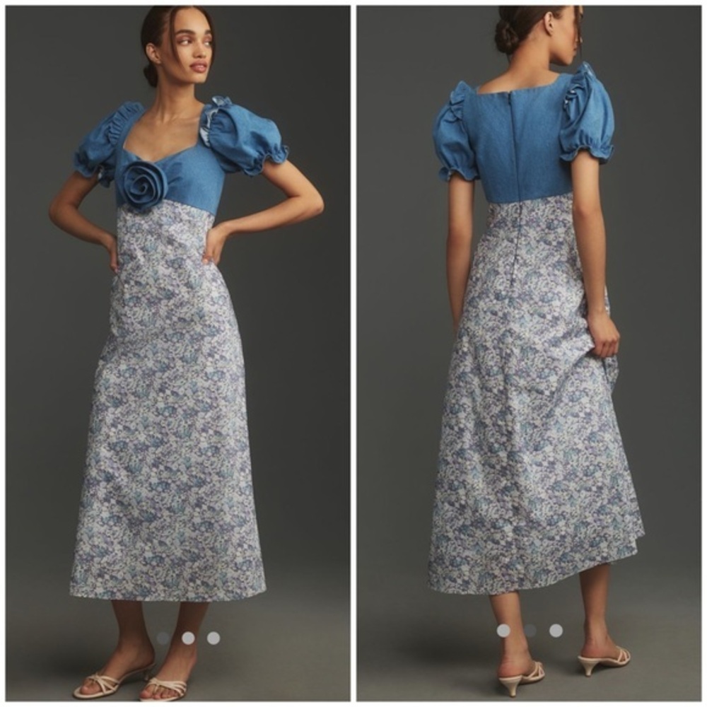 💋Anthropologie English Factory short sleeve denim Rosette midi dress size S